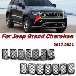 7Pcs Car Accessories For Jeep Grand Cherokee 2017-2021 Front Grid Grille Bright Black Electroplating Auto Grille Frame ABS Trim