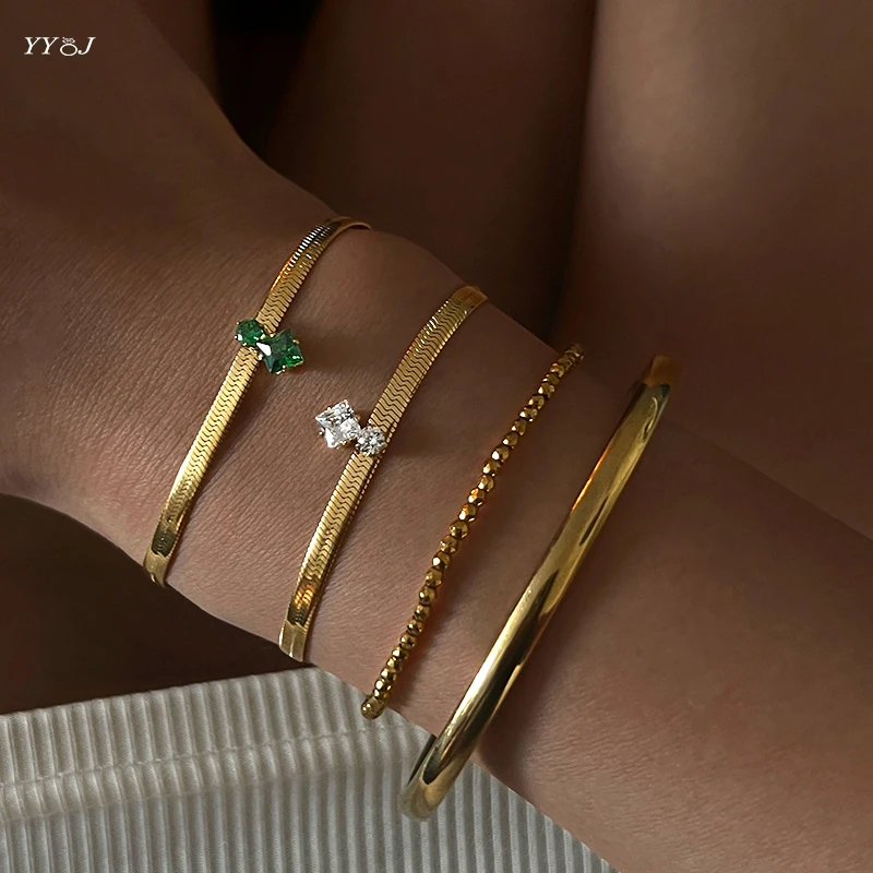 Green rhombus cz stone herringbone chain bracelet for women stainless steel dainty bracelet minimalist dainty jewelry