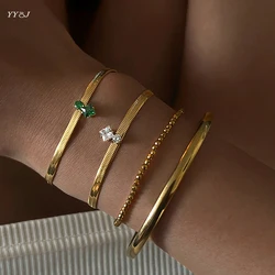 Green rhombus cz stone herringbone chain bracelet for women stainless steel dainty bracelet minimalist dainty jewelry