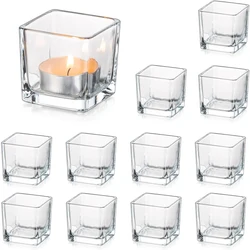 Square Candle Holders for Table Centerpieces, Small Tealight Holder Set of 12, Clear Glass Votive Candle Holders, Mini Cube Tea