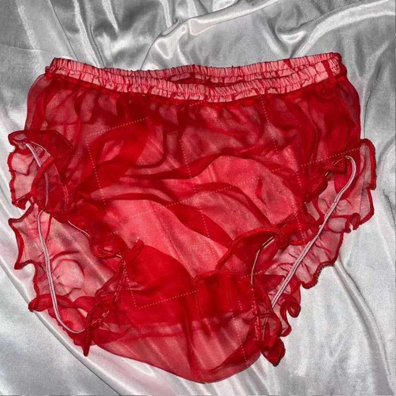 남자 섹시한 투명 핑크 Tulle 실키 터치 팬티 여성 프릴 팬티 커플 에로 속옷 FKK 프라이빗 파티