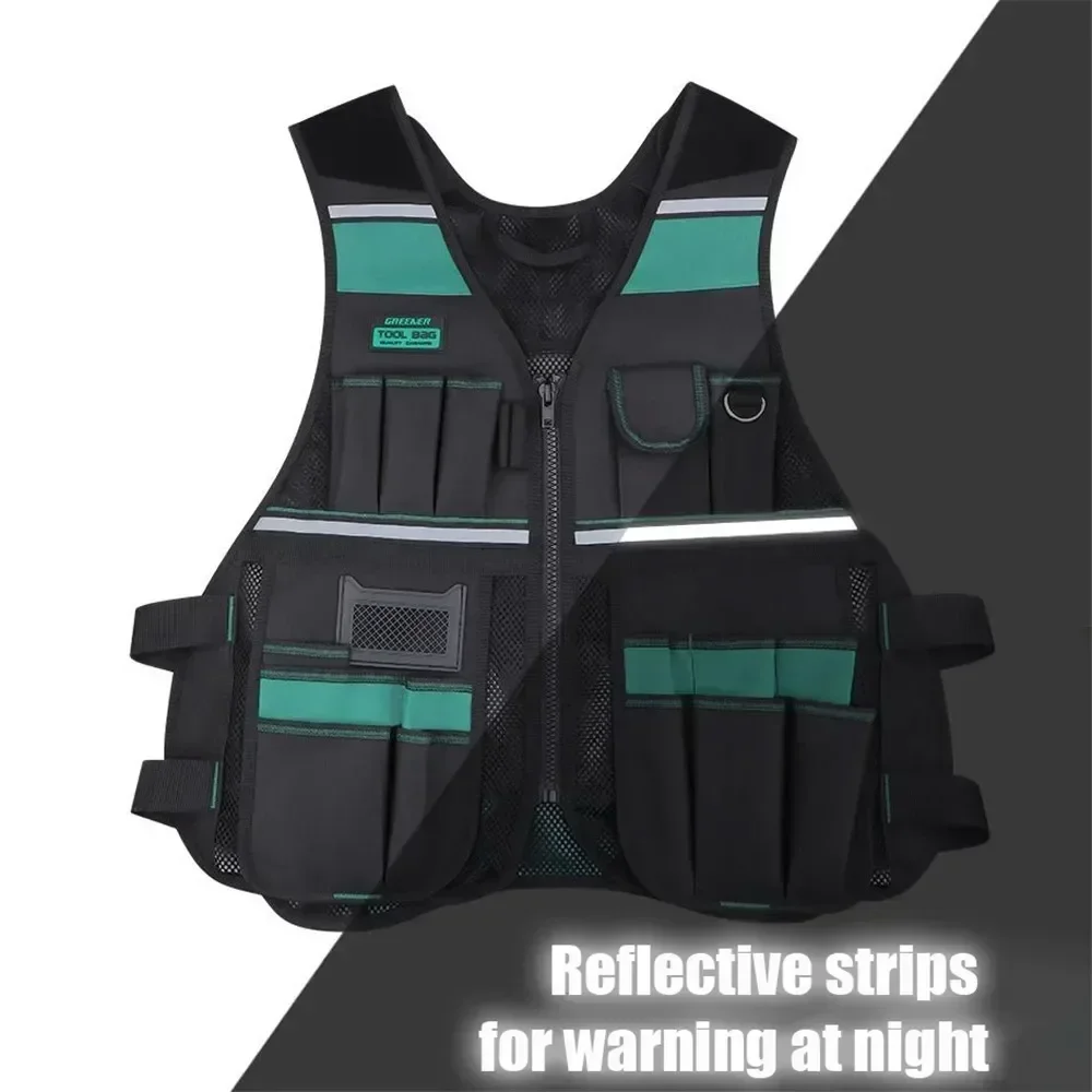 

Tool Pouch Reflective Strips Breathable Adjustable Multi-pocket Tool Vest Greener Tool Organizer for Electrician Carpenters