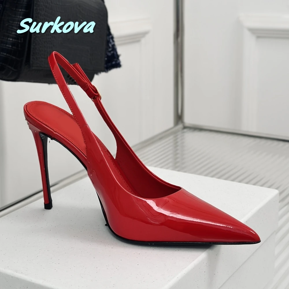 Red Sexy Stiletto Pumps Solid Summer Patent Leather Thin High Heel Pointed Toe Buckle Fashion Women Sexy Shoes Party Dress