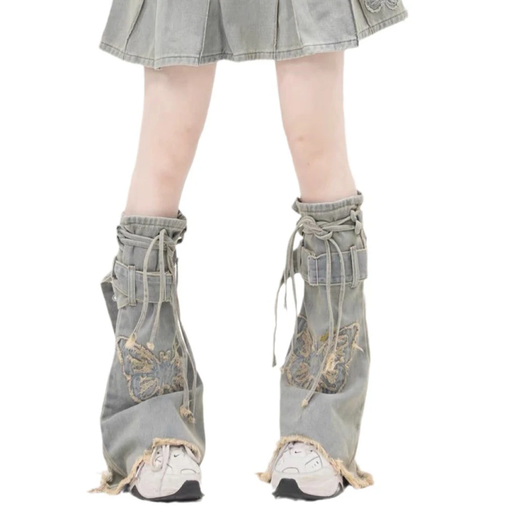 Y2K Harajuku Denims Leg Covers Vintage Embroidered Butterfly Punk Jeans Belt Lace-up Flared Calf Socks Leg Warmers for Women