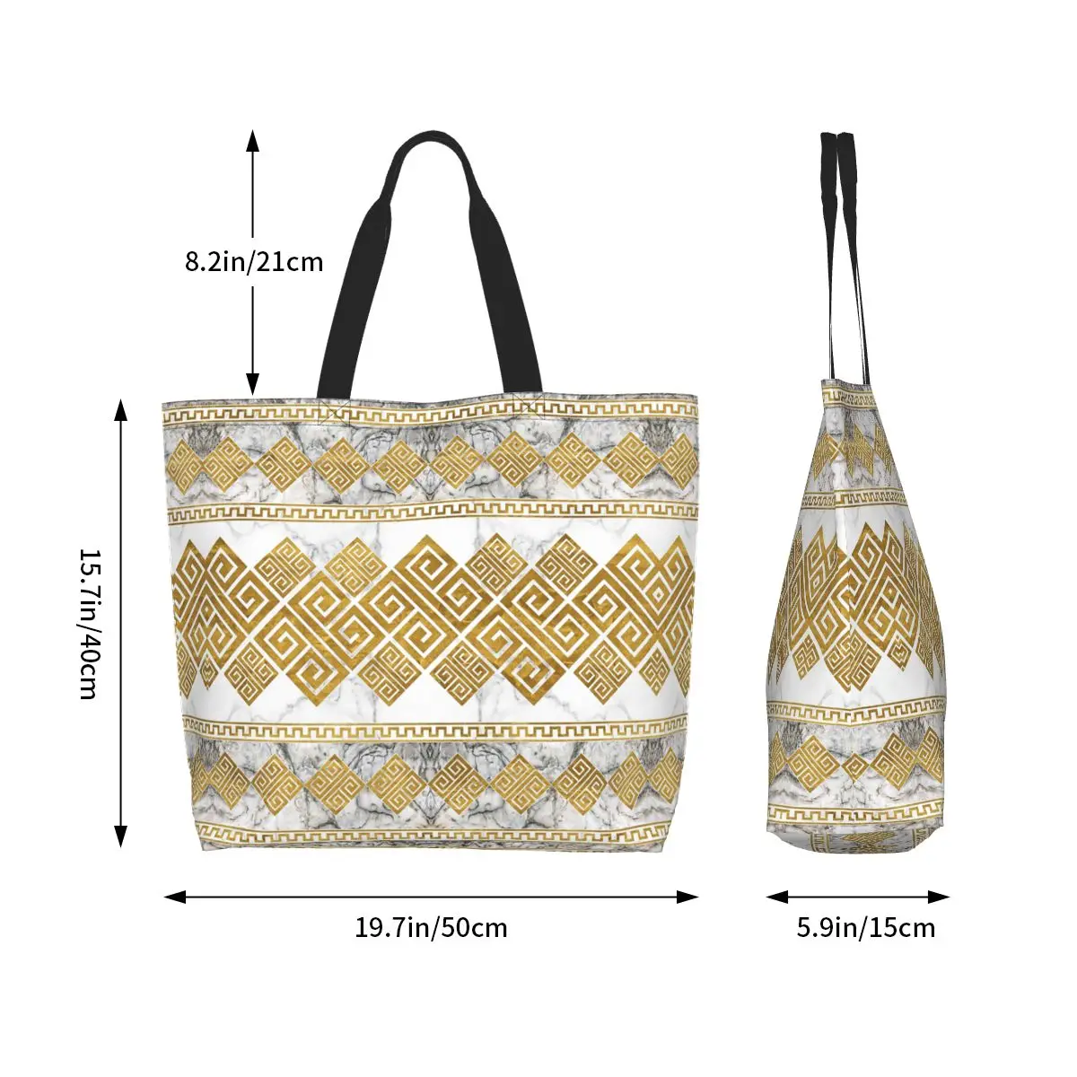 Greek Meander Greek Key White Marble And Gold Shopping Tote Bag Canvas Large Capacity Shoulder Bags Shopper Grocery Handbag