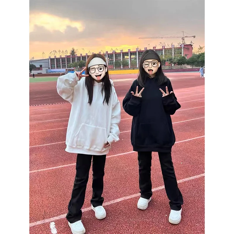 Branco fce forrado oversize hoodie feminino rua sle outono inverno thiened solto casal outerwear casual confortável