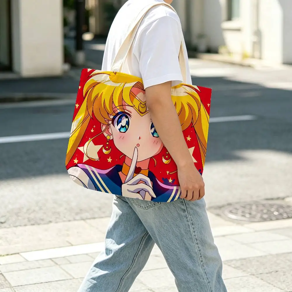 Anime S-Sailor Moon Tsukino Usagi Large Capacity Cotton Polyester Shoulder Tote Bag Zipper Handbag for Shopping Daily 3