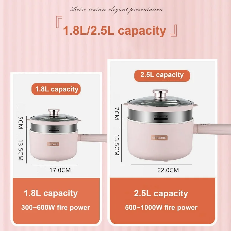 220V Multifunctional Electric Hot Pot Large Capacity Smart Electric Cook Pot Non-stick Home Electric Wok With Steamer 1.8L/2.5L