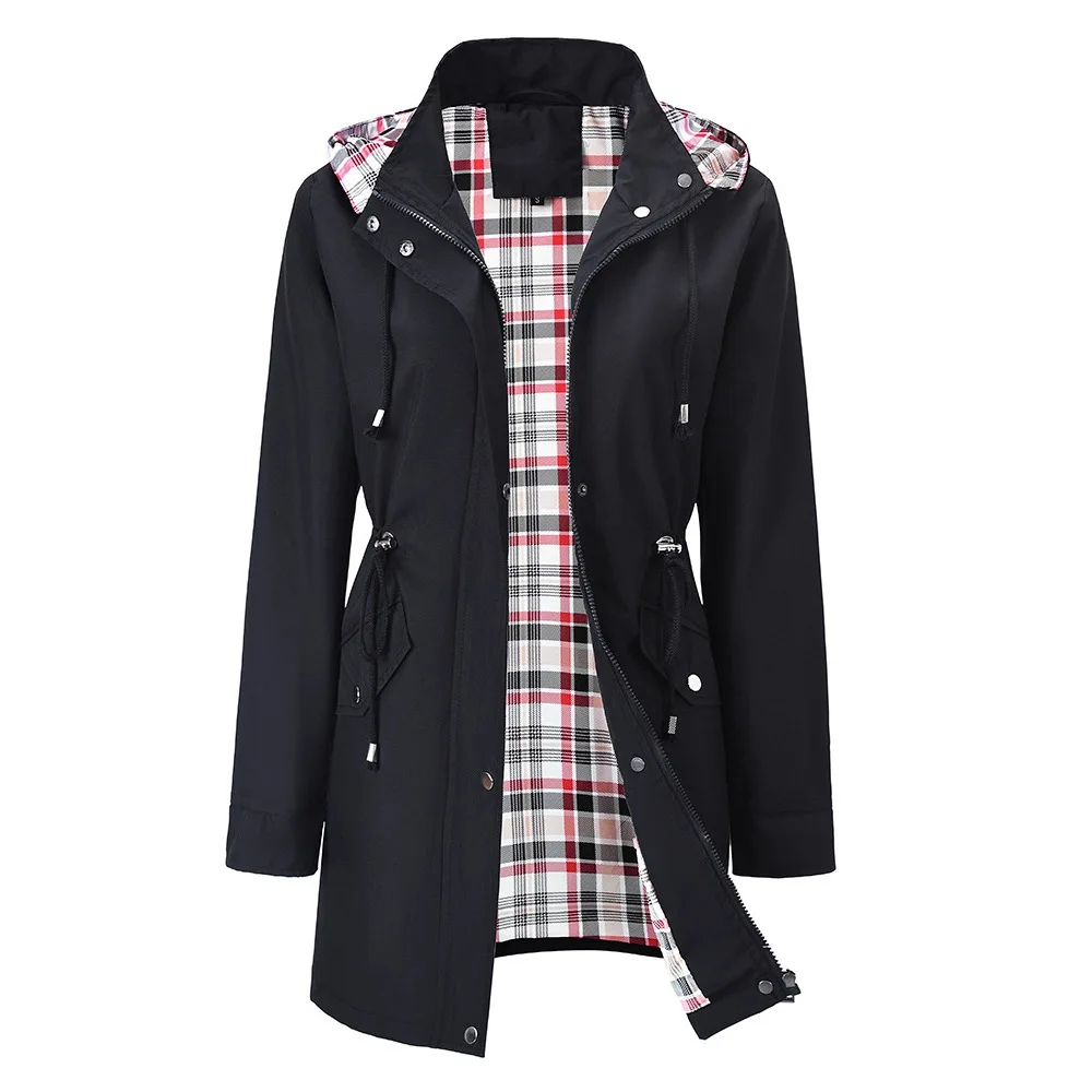 

2026 New Spring Women's Red Hooded Windbreaker Drawstring Waist Plaid Lining Waterproof Windproof Jacket Elegant Commute Style