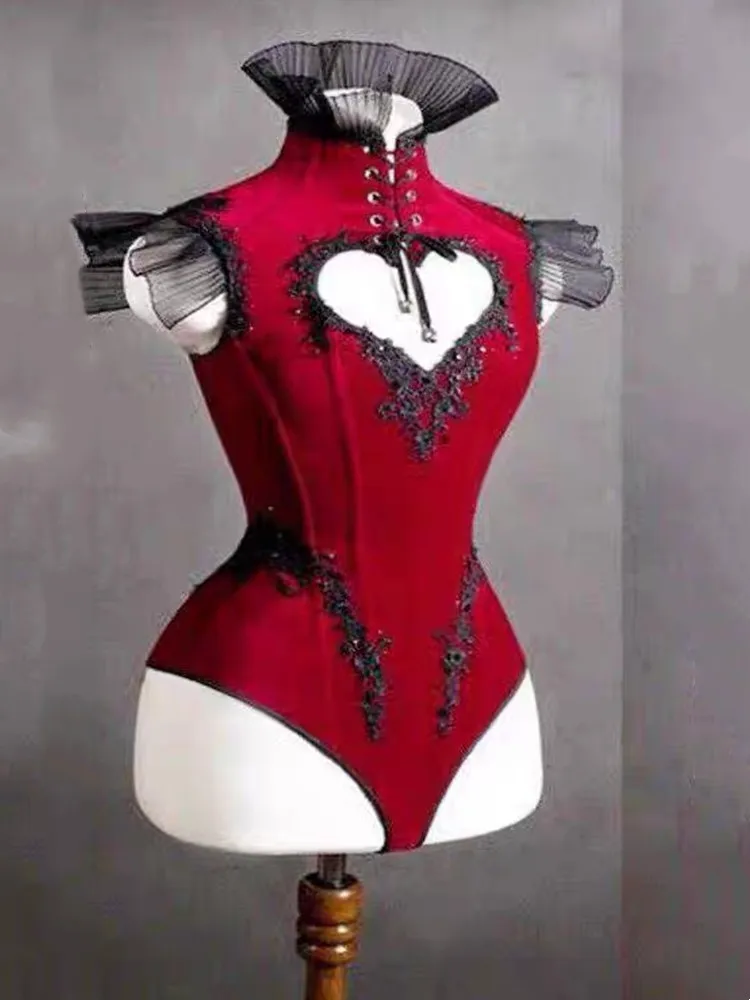 Wine Red Heart Cutout Strap Bodysuit Vintage Sexy High Neck Women Birthday Party Outfit Nightclub Bar Stage Performance Leotard