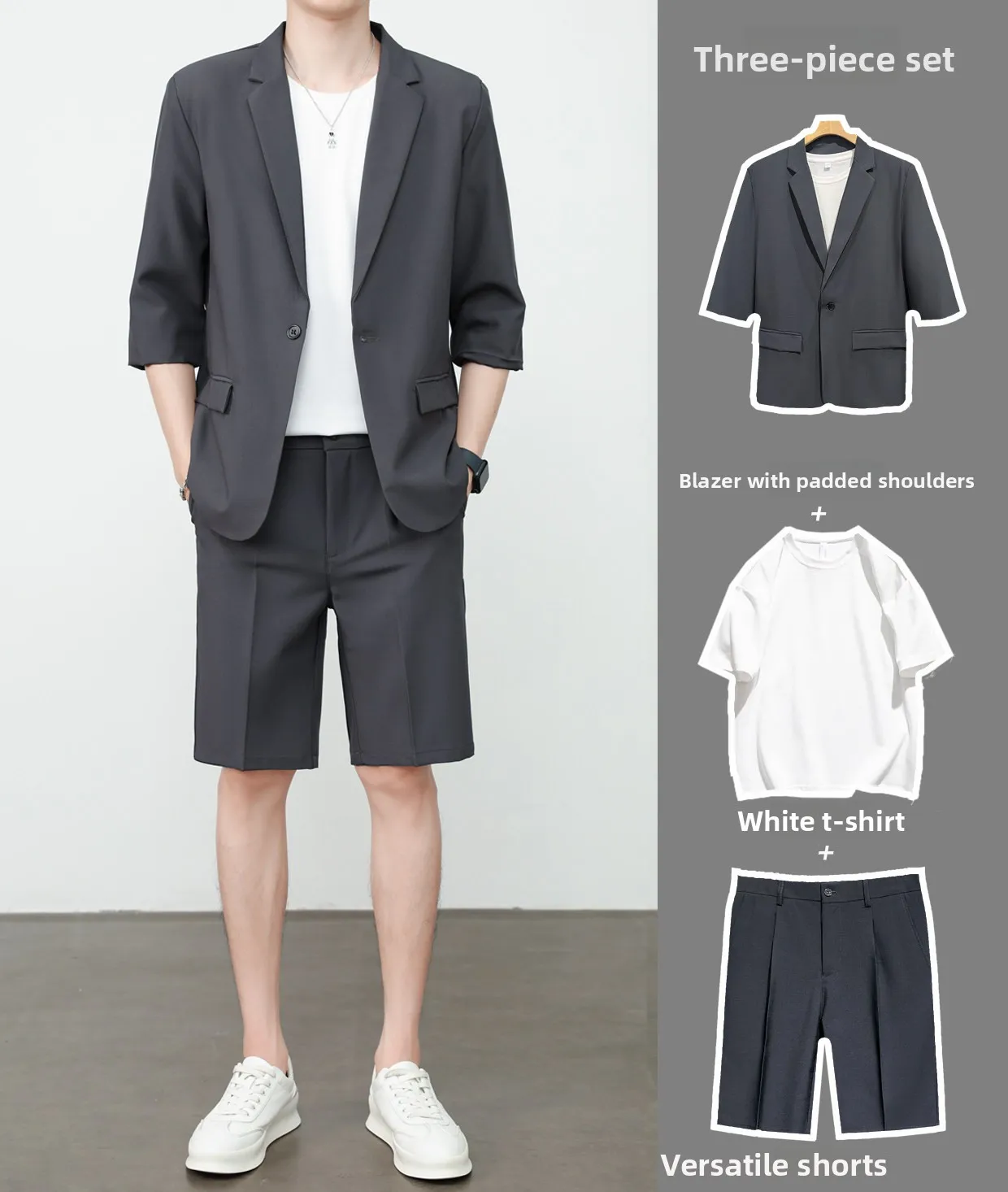Dark gray suit + white short t + shorts