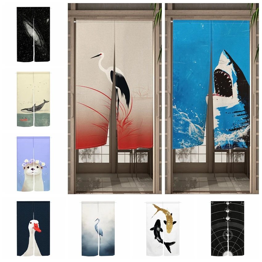 Cortinas de Porta Japonesas Noren de Linho com Animais de Desenho Animado para Cozinha, Cortinas Suspensas para Entrada, Divisória para Sala de Jantar, Cortinas de Porta Divididas