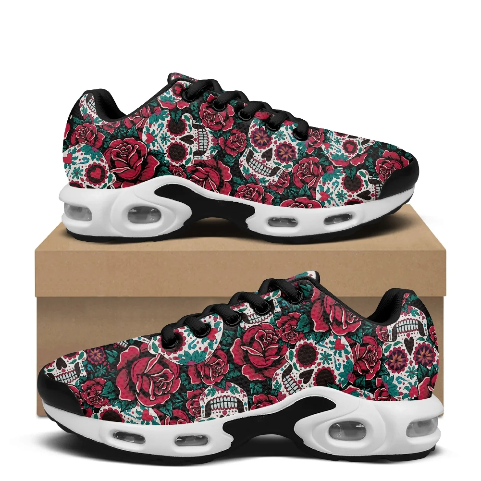 PENSTROLL Sugar Skull Rose Lace-up Sneakers Knitted Mesh Fashion Sneakers Air Cushion Mesh Walking Shoes for Men