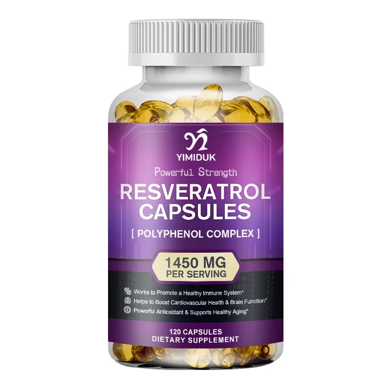 

Добавка в капсулах Resveratrol, поддерживающая кожу, иммунитет, антиоксиданты и транс-ресверatrol способствует общую здоровью, высокую абсорбцию