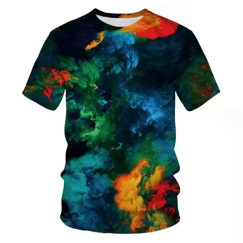 Men's 3D color splash printed T-shirt, European and American city fashion T-shirt, large trendy round neck T-shirt