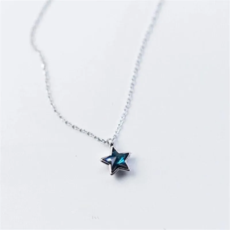 New Beautiful Blue Crystal Cute Five-pointed Star 925 Sterling Silver Jewelry Temperament Clavicle Chain Pendant Necklaces XL159