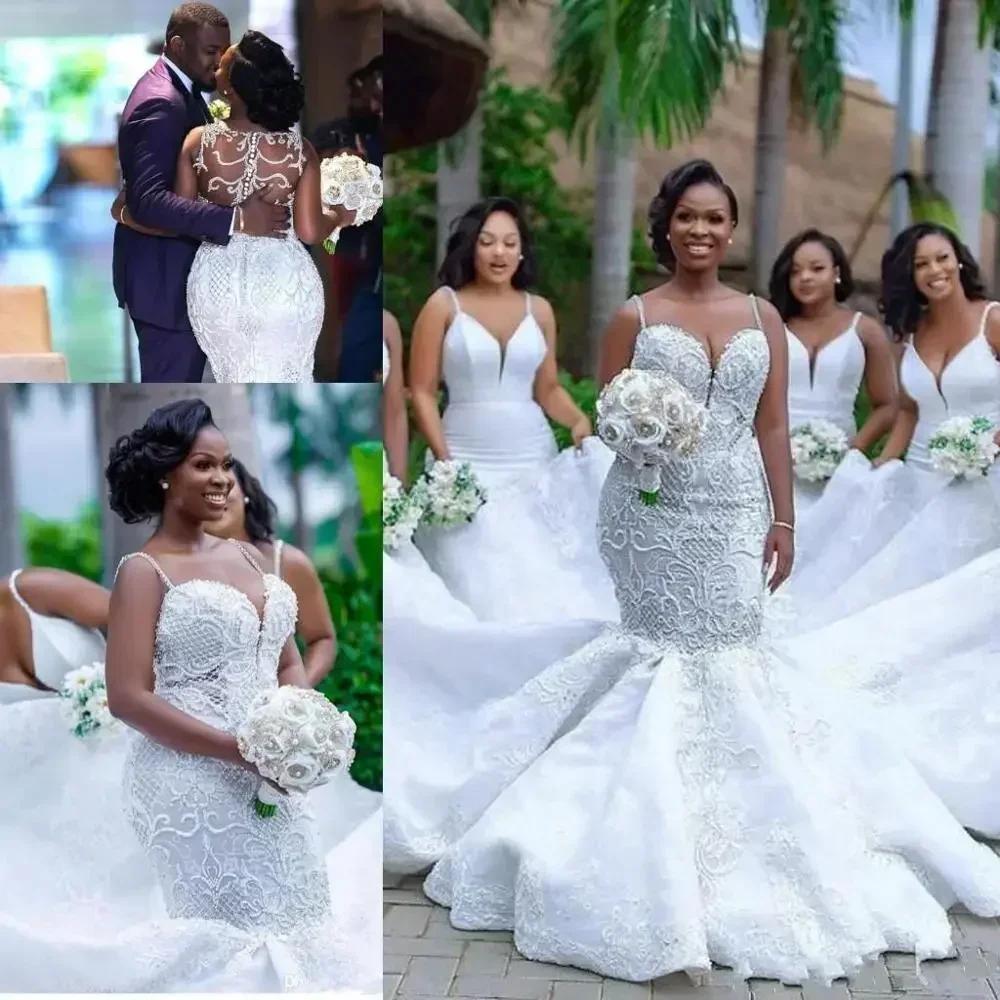 Customized Luxury African Mermaid Wedding Dresses Plus Size 2025 Robe De Mariee Black Girl Women Lace Gowns Handmade Bride