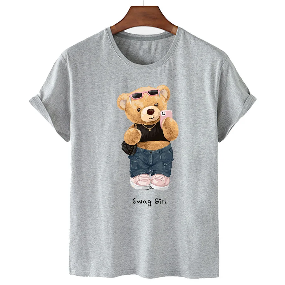 100% Cotton Photo Bear Print T-shirt Women's Summer Short Sleeve T-shirt 2022 Women's Fashion Shirt Unisex O-Neck T-shirt S-4XL