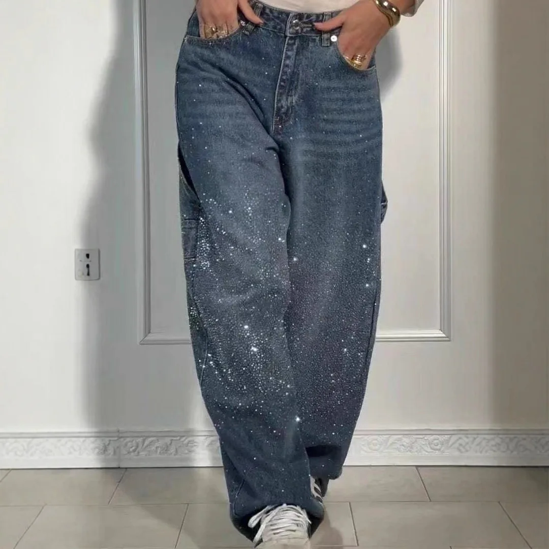 Women's long pants European and American fashion star studded jeans women's casual pants loose straight leg pants