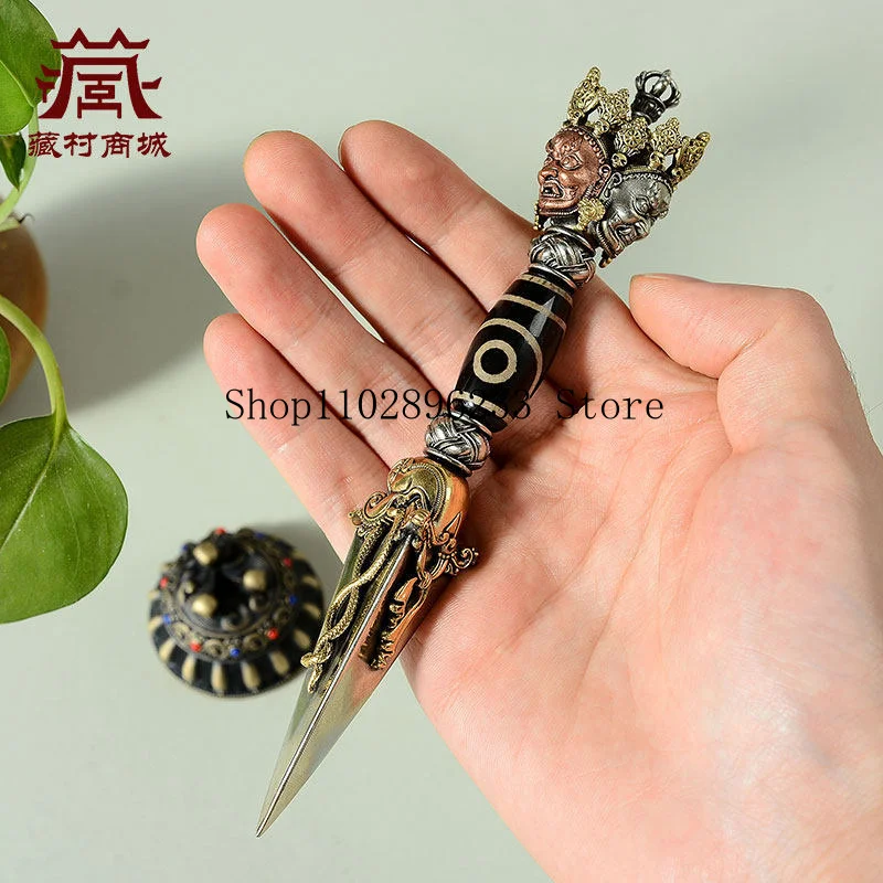 Five-pronged Vajra Indoor Home Use Dzi Bead Three-Sided Pumba Vajra with Base Copper Ornament