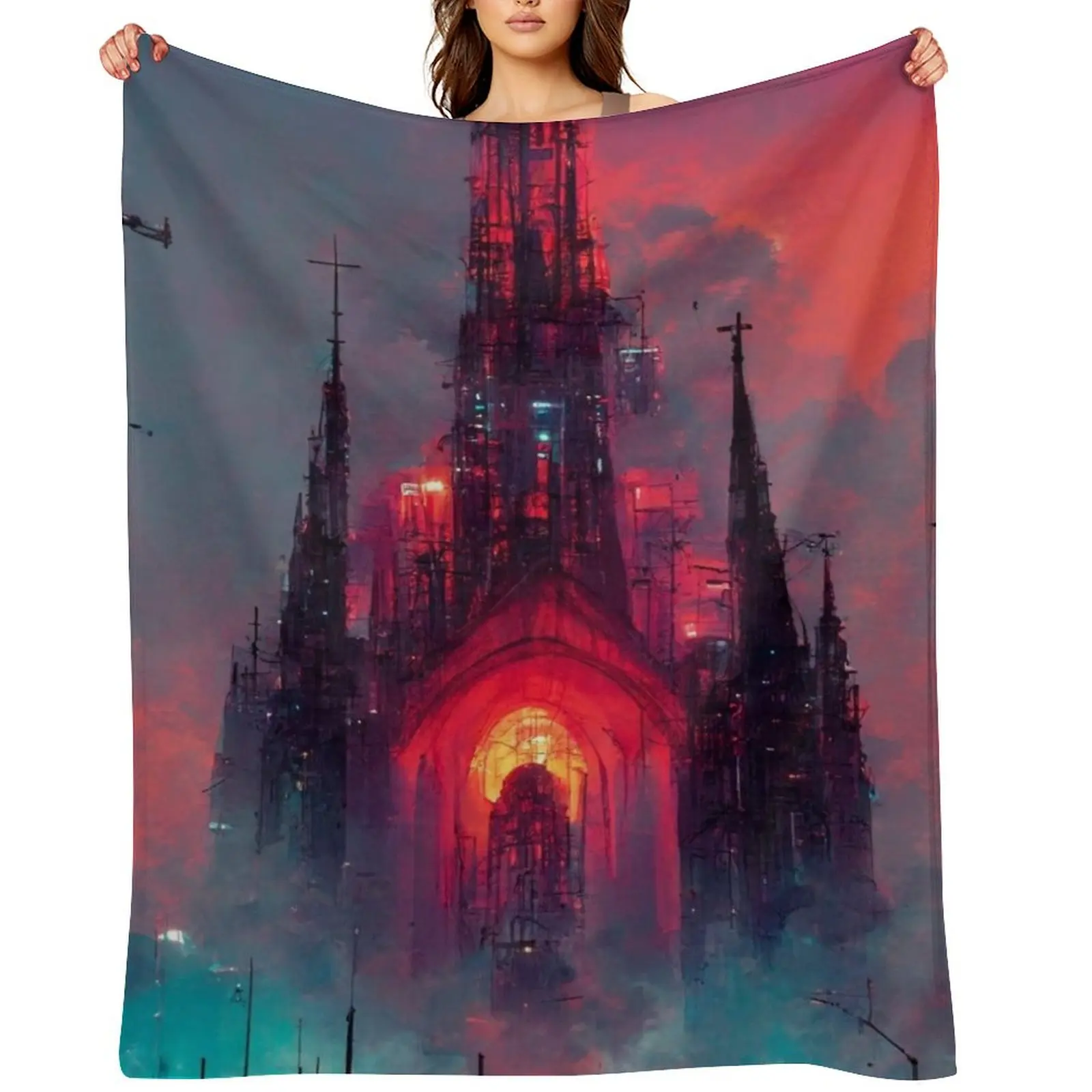 

Cyberpunk Cathedral In Sunset Throw Blanket christmas gifts Softest Weighted anime Blankets
