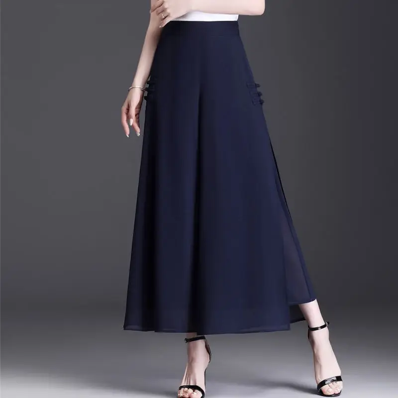 Spódnico-spodnie damskie z wysokim stanem, w kształcie litery A, midi, letnie, cienkie, szyfonowe, z szerokimi nogawkami, zwiewne, długość 7/8, styl koreański, do pracy.