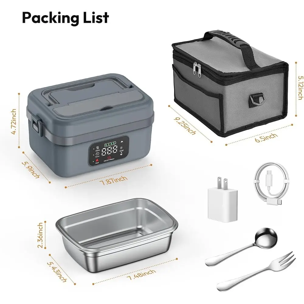 صندوق غداء ساخن كهربائي قابل لإعادة الشحن سعة 1 لتر، حقيبة معزولة، شوكة، ملعقة، مثالي للرجال والنساء، السيارة، السفر، الاستخدام المكتبي (رمادي)