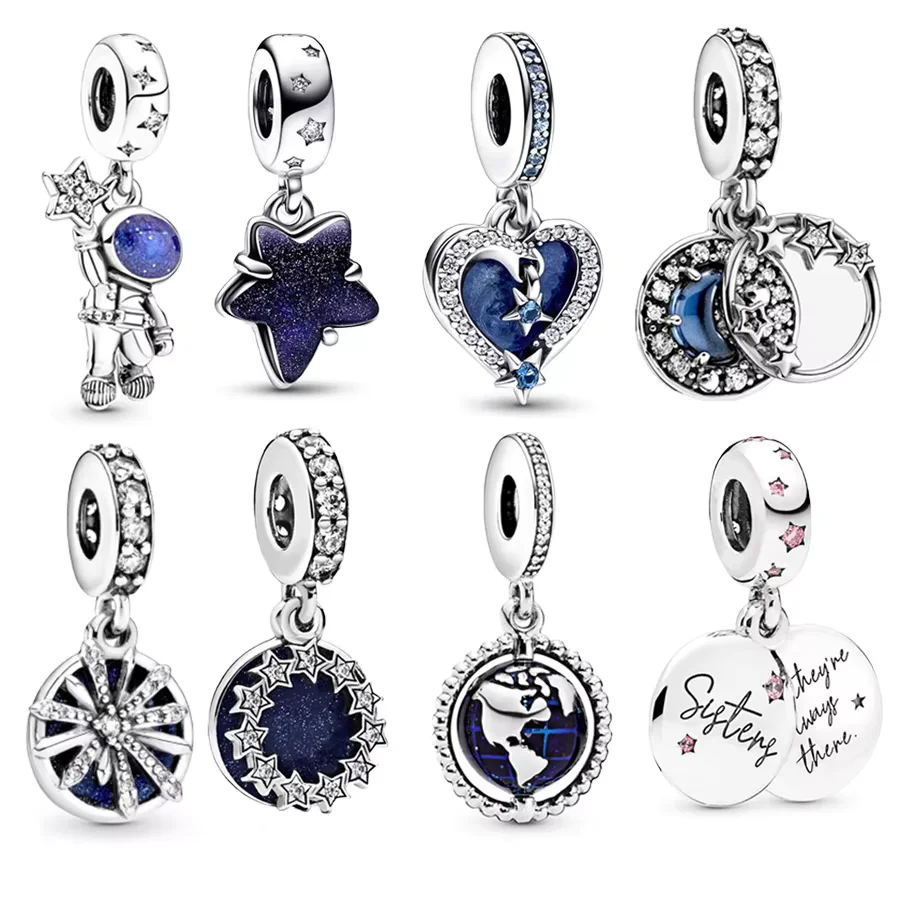 Sparkling Pendant Blue Astronaut Star Heart Beads Fit Original 925 Sterling Silver Bracelet DIY Charm Jewelry Women Gift