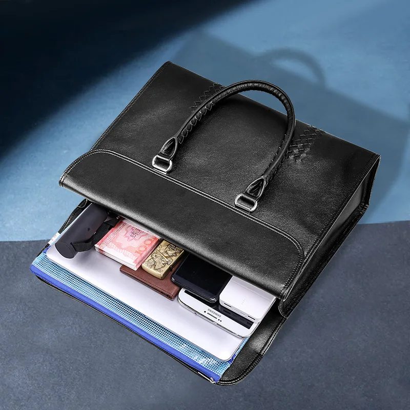Fashion Genuine Leather Large Capacity Business Briefcase 15inch Cowhide Laptop Luxury Men Bag Handmade Woven Men's Handbag