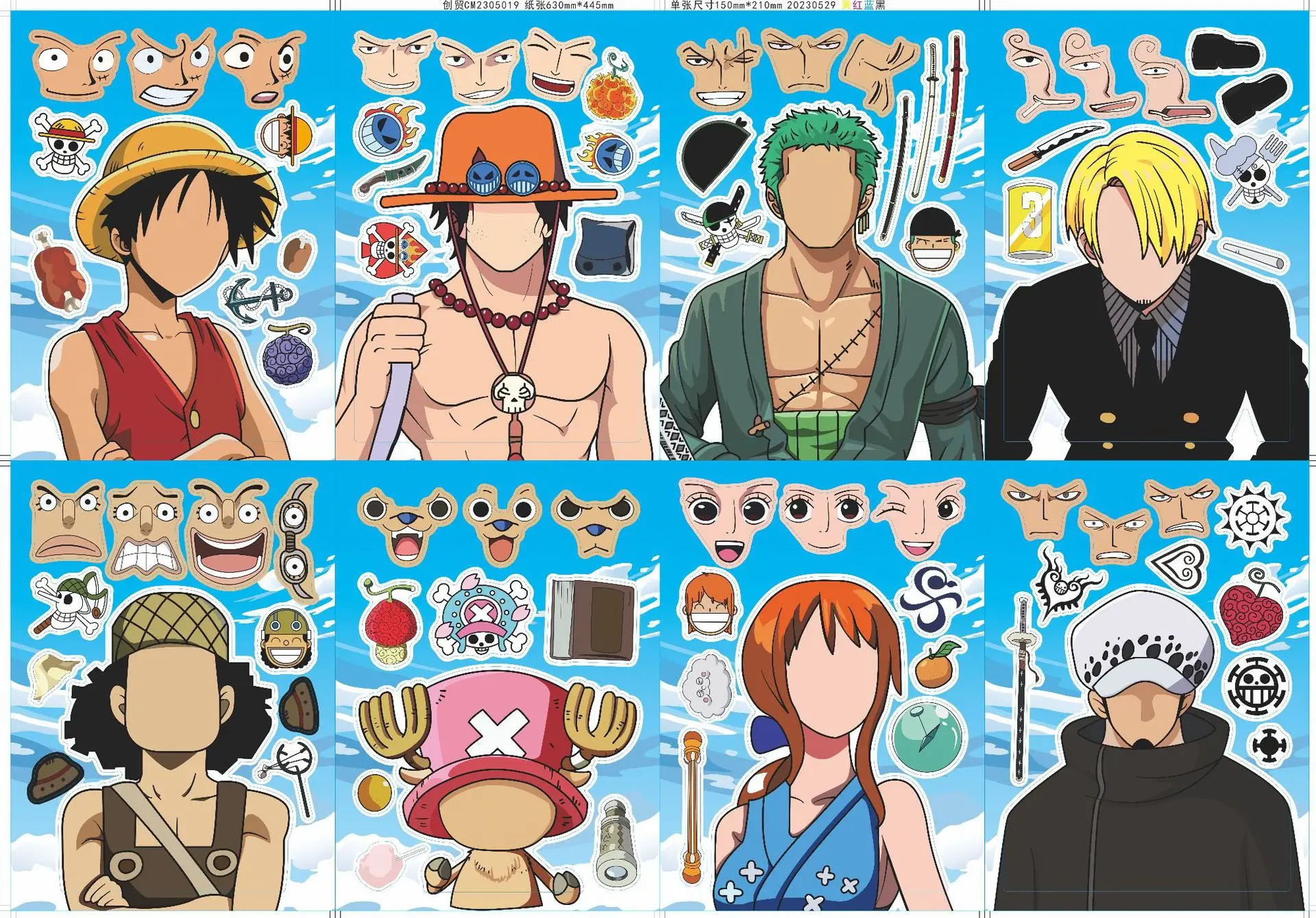 8pcs/set One Piece sticker Children DIY Puzzle Sticker Luffy Face Funny Anime Cartoon Assemble Stickers Kids Toys Boy Girl Gifts