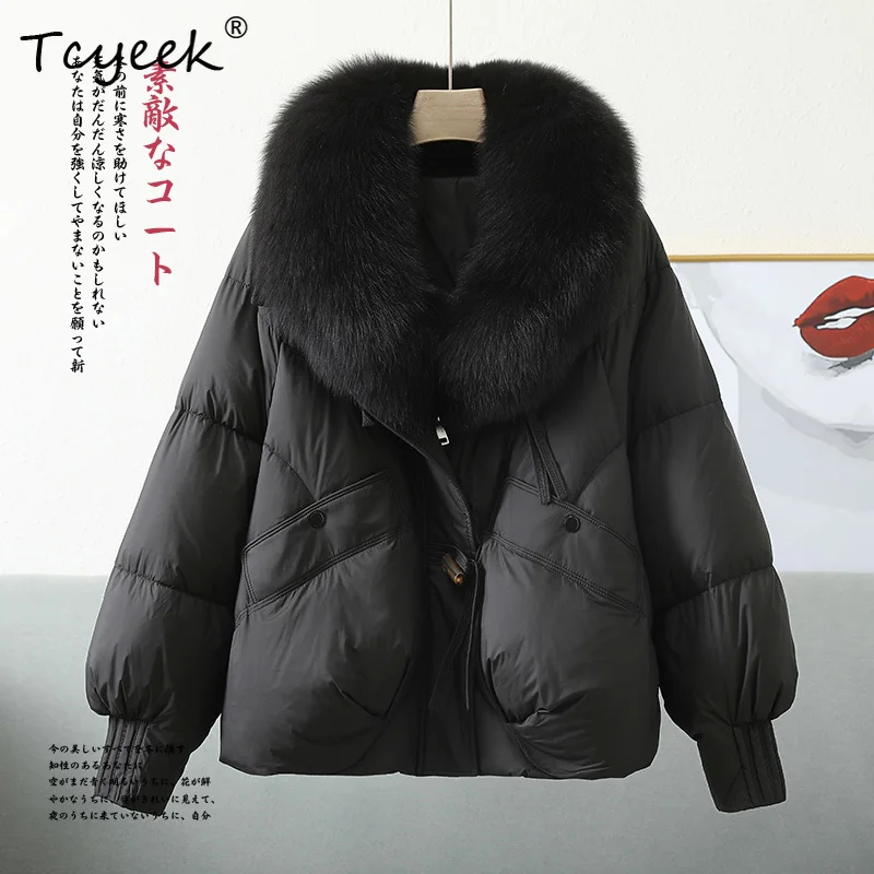 Tcyeek الخريف الشتاء النسخة الكورية الراقية العصرية الخامس الرقبة انفصال الثعلب الفراء المرأة الأبيض أوزة أسفل معطف الفرو Veste فام