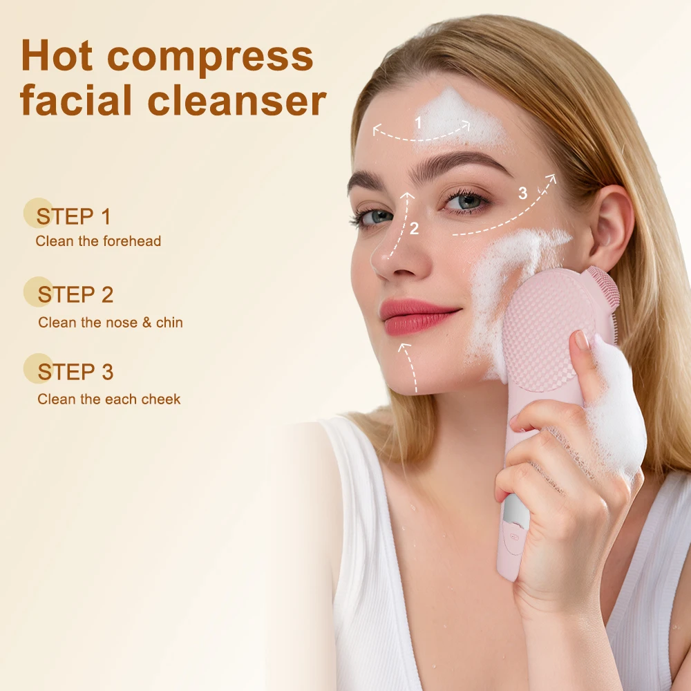 Silicone Heated Vibrating Cleansing Brush with Pore Cleaning and Waterproof Design for Skin Care Facial Cleanser