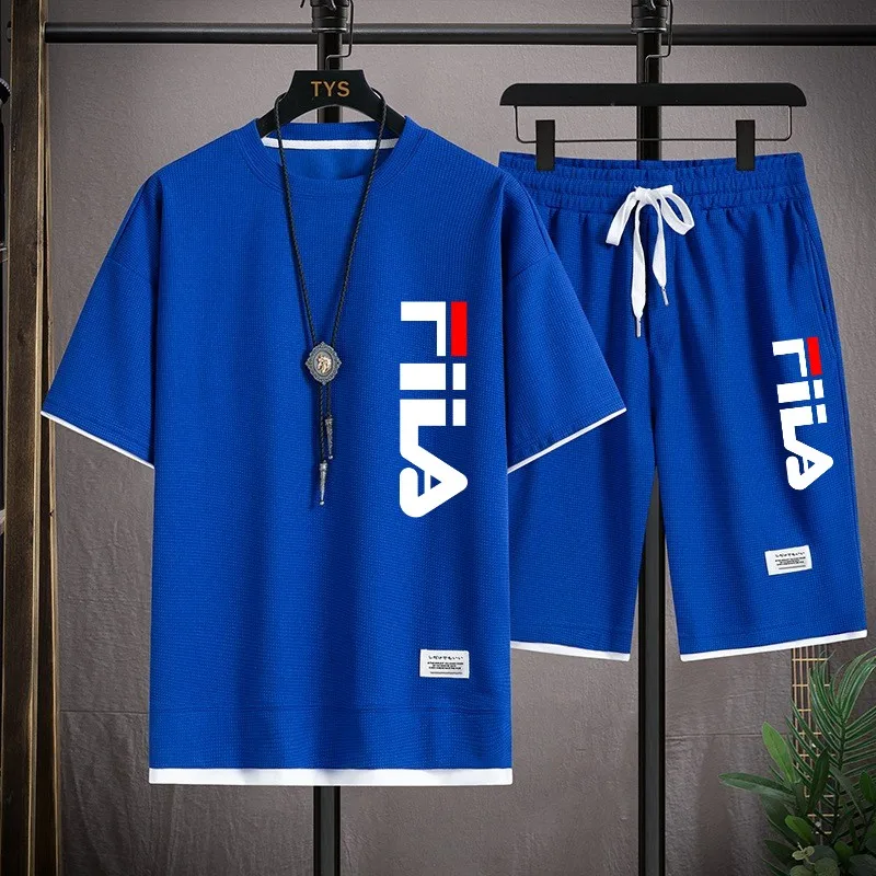 

Men's fashionable printed T-shirt and shorts set, sporty and comfortable, summer waffle style set