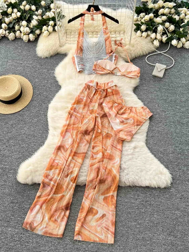 

European and American style spicy girl printed design hanging neck vest strapless strapless high waisted slim fit pants set
