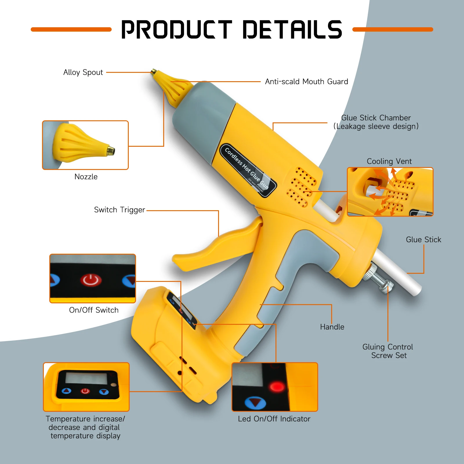 100W Cordless Hot Melt Glue Gun with 10pcs 11mm Glue Sticks Repair DIY Tool Set for Dewalt/Milwaukee/Makita/Bosch (No Battery)