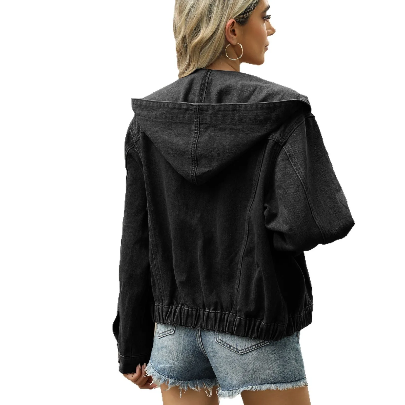 Spring Summer Women's Clothing Hooded Denim Jacket Women Streetwear Loose Fit Long Sleeve Washed Jean Outerwear Casual Wear