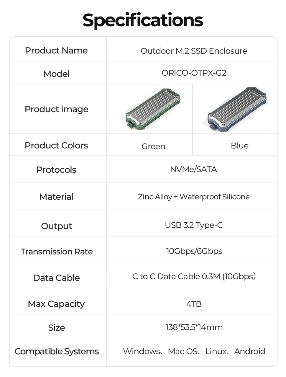 ORICO 10 Gbit/s M.2 NVMe SATA SSD-Gehäuse, wasserdichtes externes SSD-Gehäuse für den Außenbereich, tragbare M2-Festplatten-Aufbewahrungsbox für PC und Laptop – Detail 11