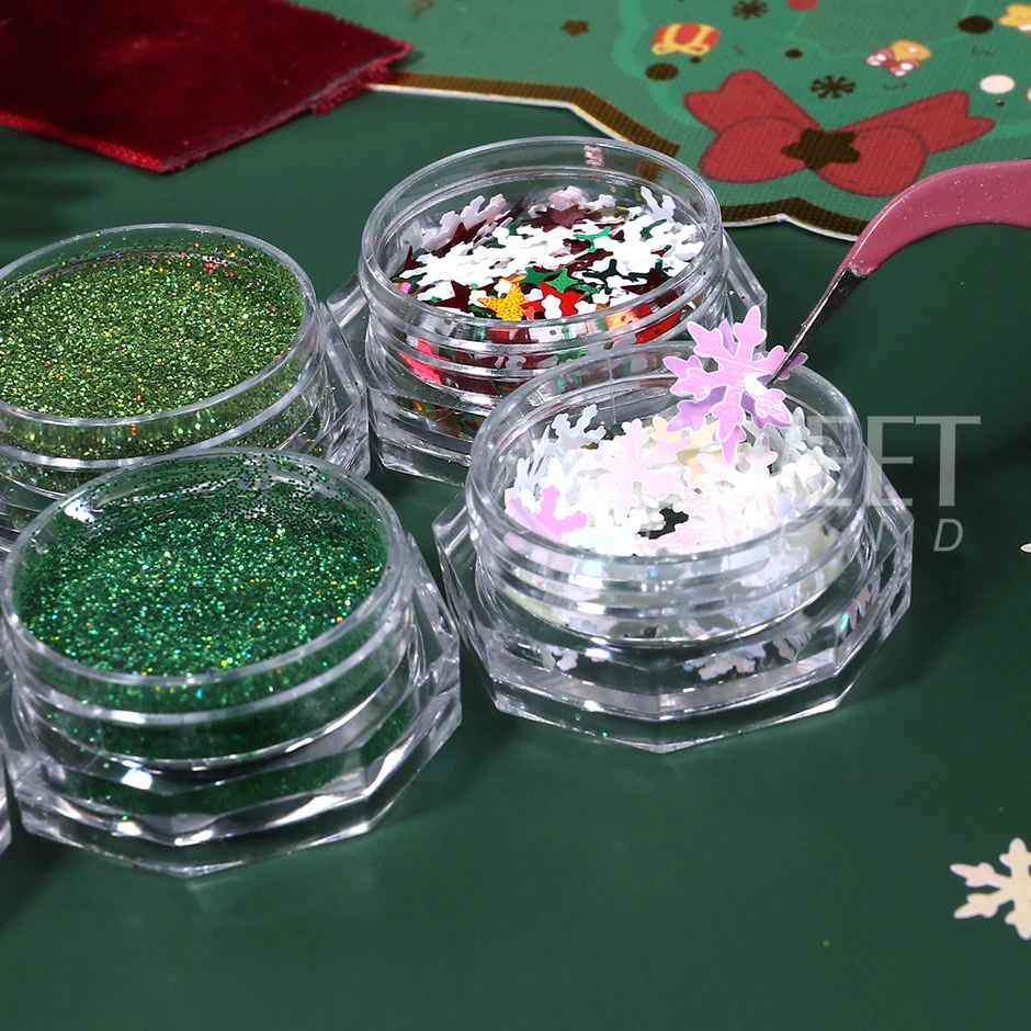 12 Uds. De lentejuelas navideñas para uñas, copos de nieve brillantes mezclados, polvo láser DIY Flash, herramientas de decoración de manicura de Año Nuevo para invierno