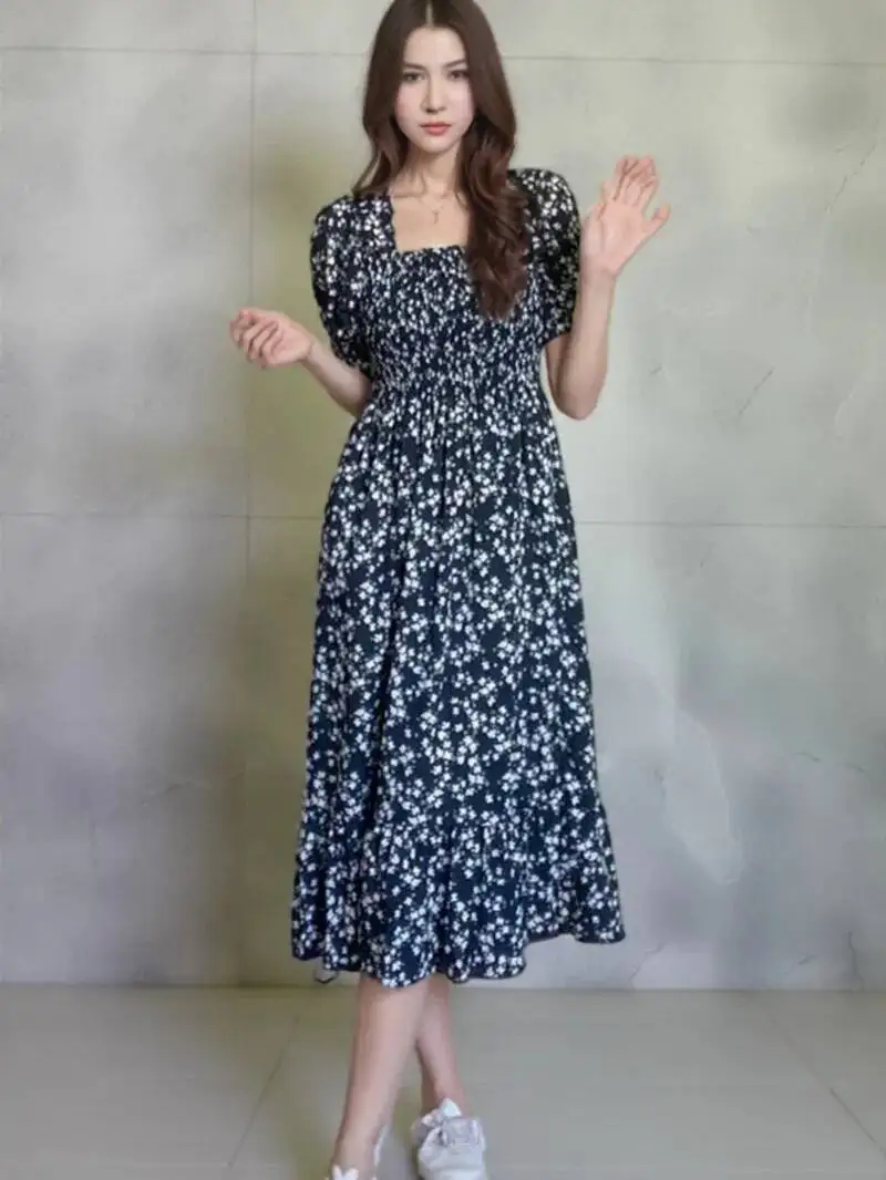 ฤดูใบไม้ผลิฤดูร้อนเอวยืดชีฟองชุดผู้หญิงชุดลำลองแฟชั่นหญิงชุดเดรสแขนสั้นจีบเอ-ไลน์เดรส 47UW