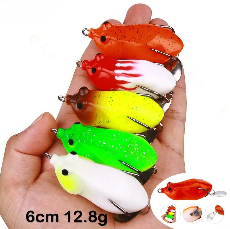 6cm 12.8g Frog Lure Soft Tube Bait Metal Spoon Plastic Fishing Lure Treble Hooks Topwater Ray Frog Bionic Artificial 3D Eyes