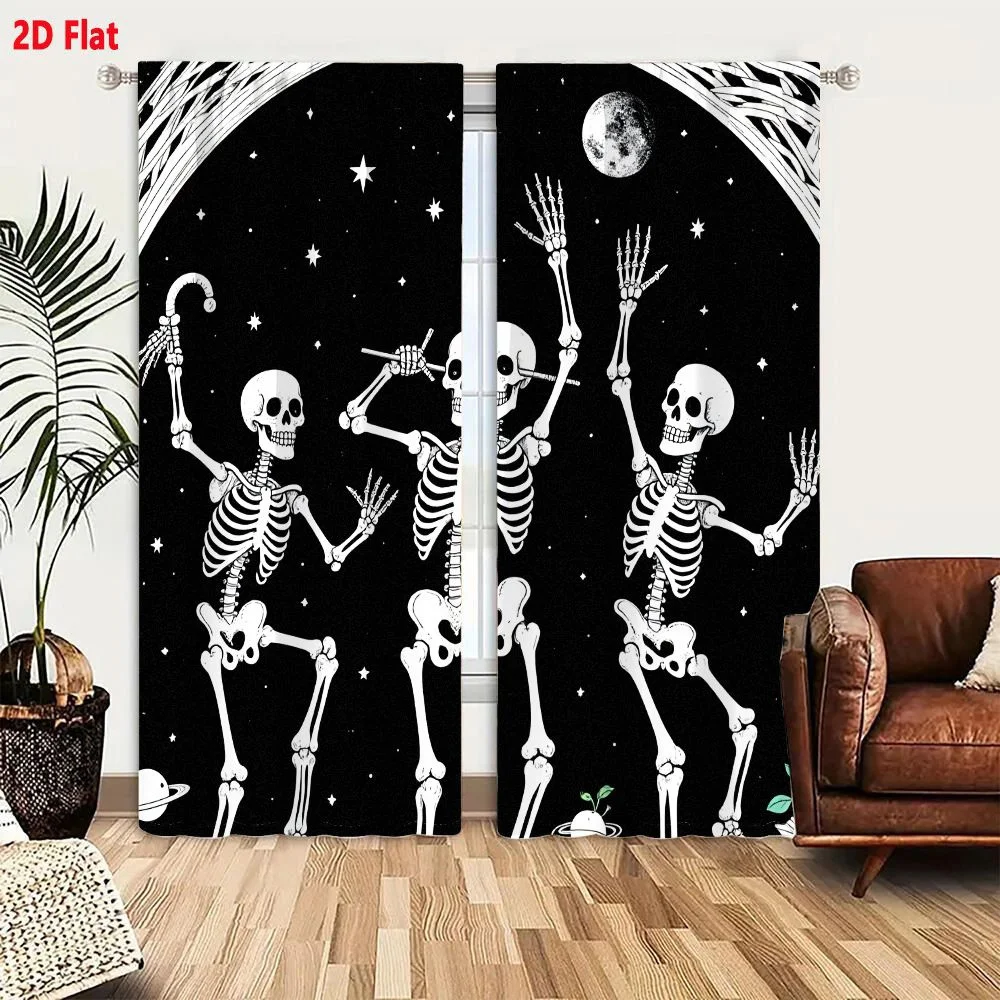 2Pcs Curtains 2D Flat Black And White Illustration Three Dancing Skeletons Against Starry Night Sky Full Moon Stars Crescent Moo