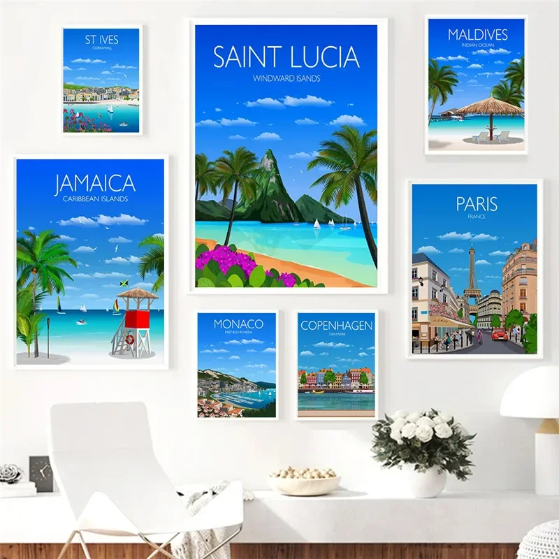 Prague Paris Tokyo Japan Bali Maldives Edinburgh French Riviera Travel Poster Canvas Painting Home Decor Bedroom Decoration