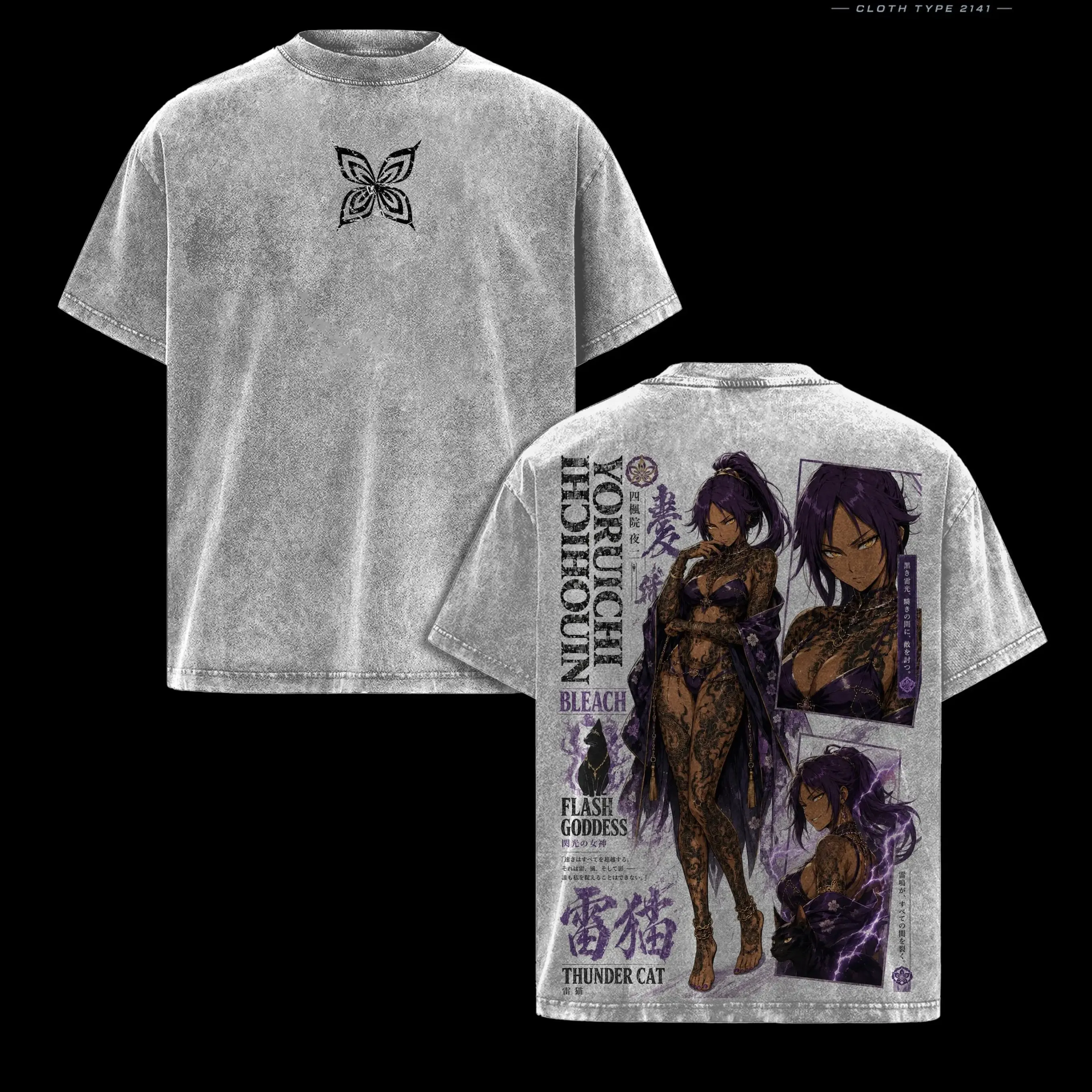 Japanese Anime BLEACH T-shirt Men Clothing Shihouin Yoruichi Vintage Washed T Shirt Summer Harajuku Oversized Cotton Tee Clothes