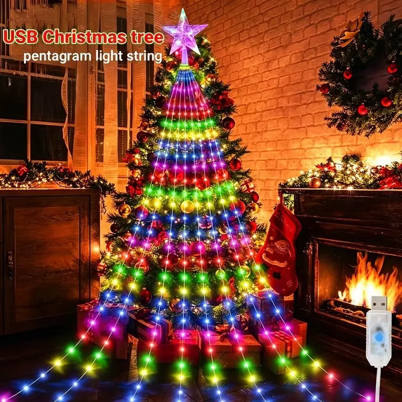 USB Christmas Star Waterfall Lights 3M 282LED 8 Modes Remote Control LED String Lights for Christmas Tree Party Home Decoration