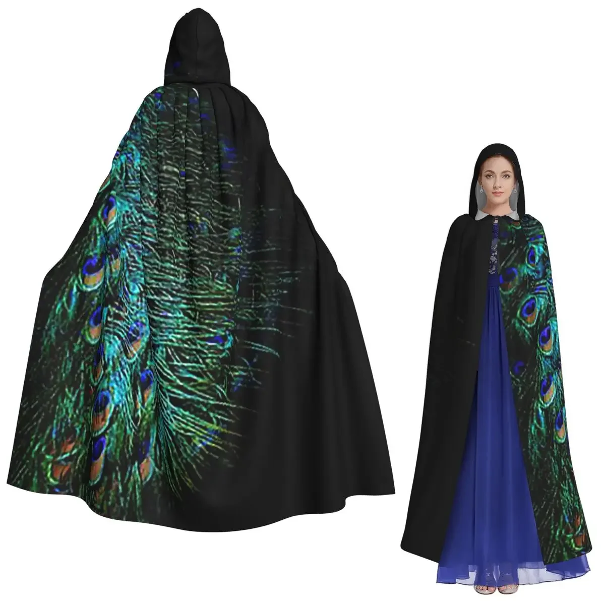 

Peacock Feathers Long Hooded Cloak Witch Medieval Costume Cosplay Cape HalloweenVampire Adult Unisex