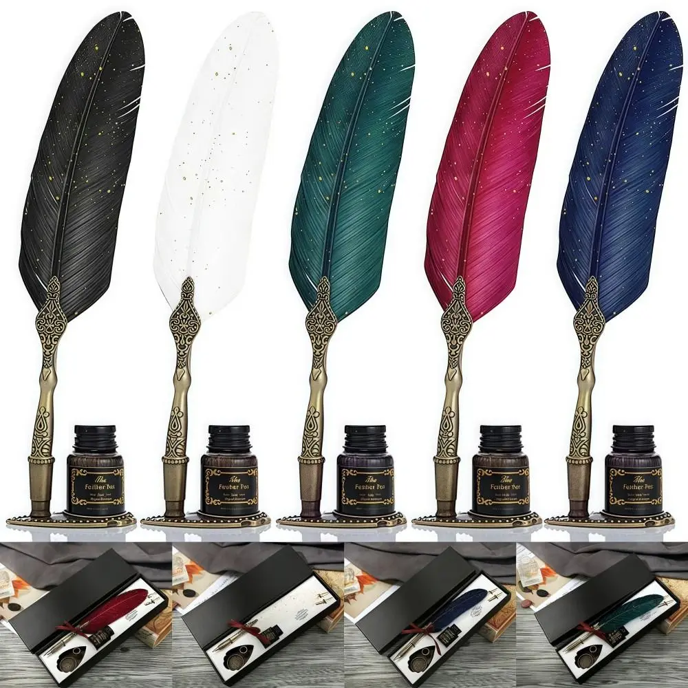 

Vintage Pen and Ink Set Gift Box Lightweight Feather Calligraphy Pen Exquisite Design 15 Ml Ink Fountain Pen Set Office Gifts