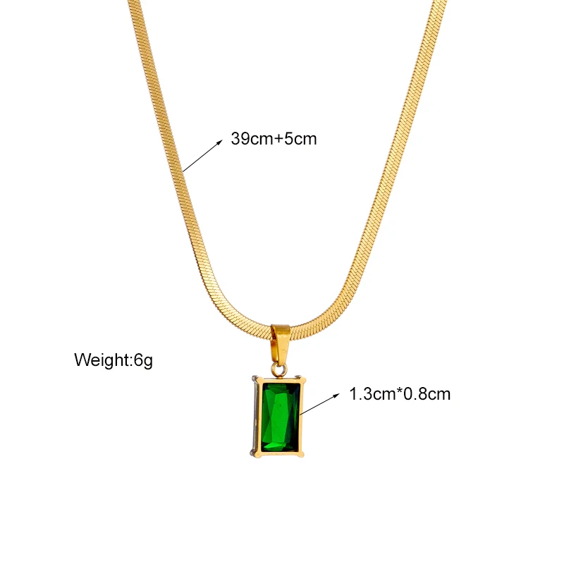 LAMENGLY 316L Stainless Steel Geometric Square Green Crystal Pendant Necklace For Women Fashion Non-fading Chain Jewelry Gifts