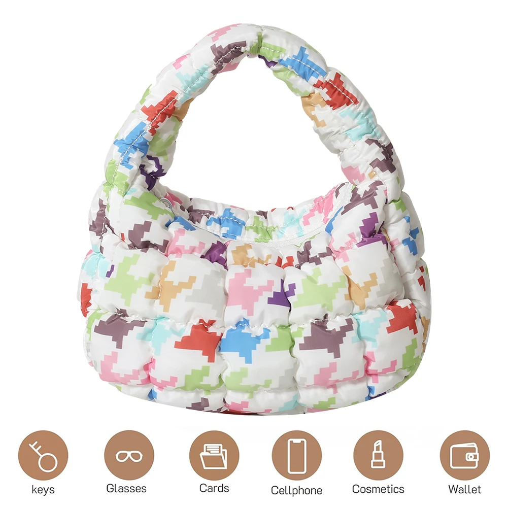 

Quilted Tote Bag for Women Bowknot Print Mini Cloud Pleated Bag Zipper Crescent Bag Hobo Bag Wrist Satchel