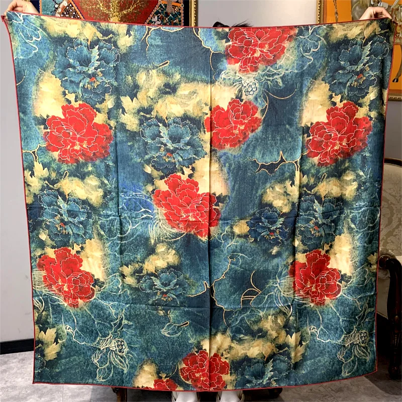 New 30% Silk 70% Wool Scarf 135cm Big Size Women Square Scarf Designer Double-sided Floral Print Winter Warm Shawl Wrap Pashmina