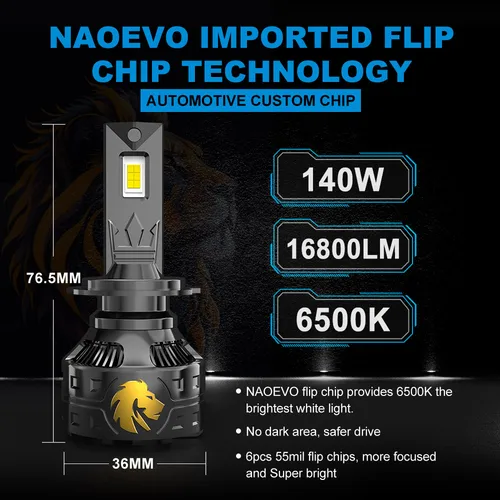Imagen 2 del producto NAOEVO León diseño 140W faro Led H4 H7 H11 bombilla de luz de coche 9005 9006 9012 Canbus faro automático luz alta y baja